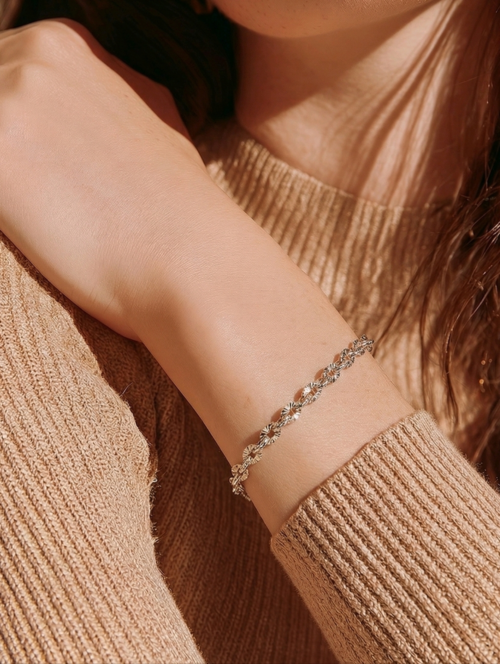 Silver Sunburst Station Bracelet Stainless Steel Waterproof Non Tarnish Sparkle